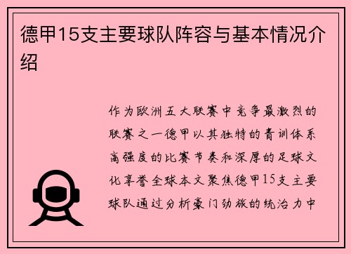 德甲15支主要球队阵容与基本情况介绍