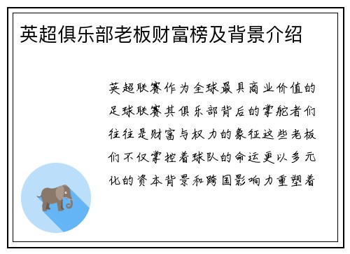 英超俱乐部老板财富榜及背景介绍