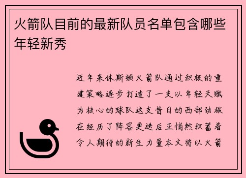 火箭队目前的最新队员名单包含哪些年轻新秀